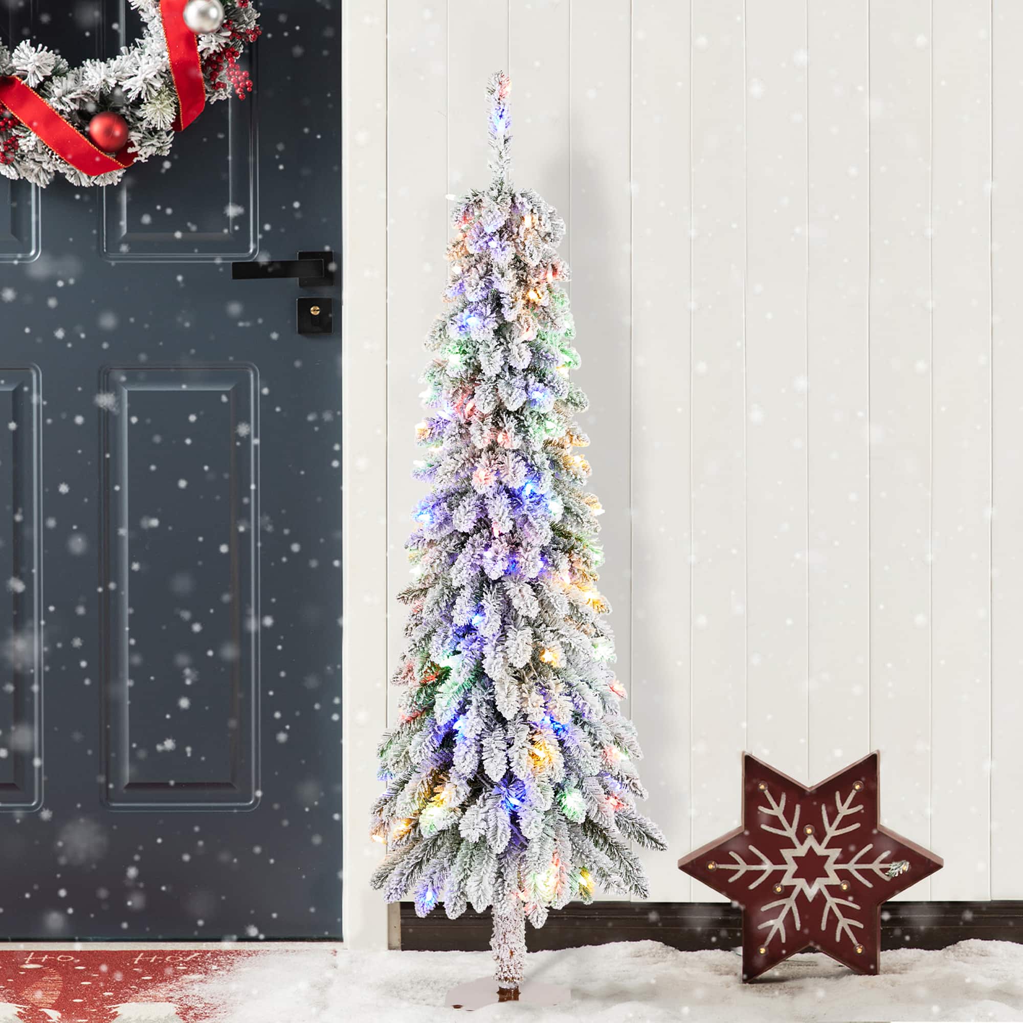 Glitzhome® 4.5ft Pre-Lit Flocked Artificial Christmas Tree, Warm White Lights